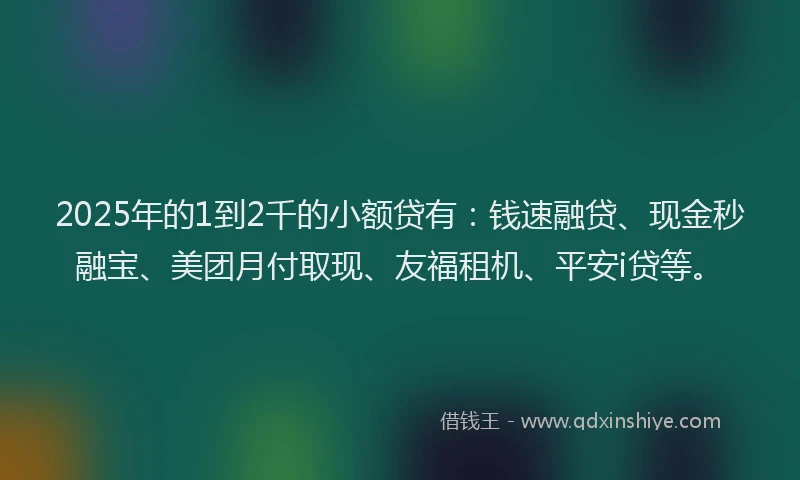 2025年的1到2千的小额贷有：钱速融贷、现金秒融宝、美团月付取现、友福租机、平安i贷等。