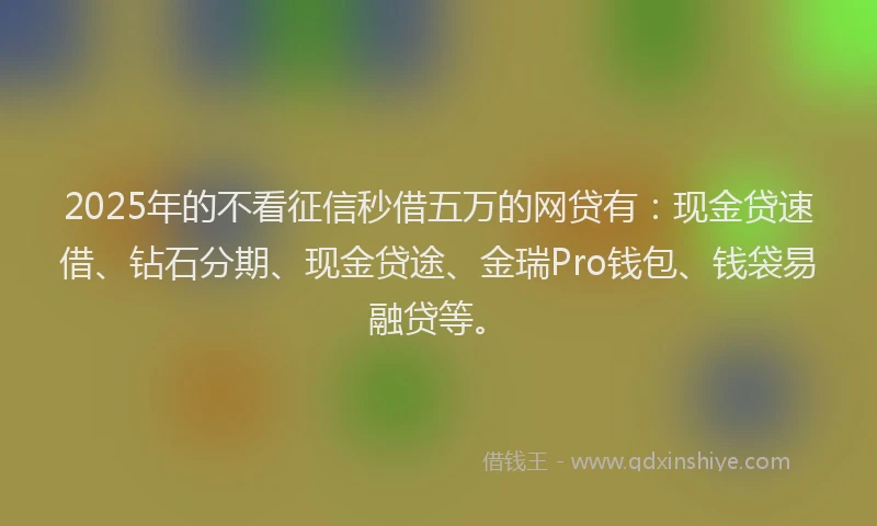 2025年的不看征信秒借五万的网贷有：现金贷速借、钻石分期、现金贷途、金瑞Pro钱包、钱袋易融贷等。