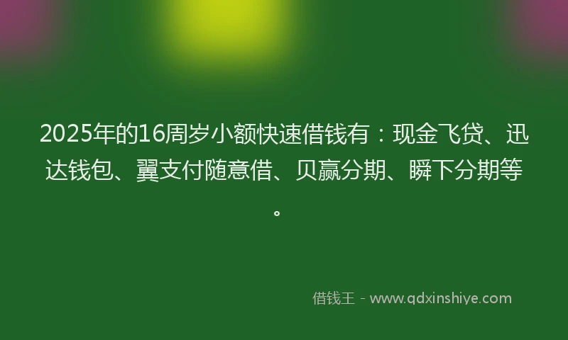 2025年的16周岁小额快速借钱有：现金飞贷、迅达钱包、翼支付随意借、贝赢分期、瞬下分期等。