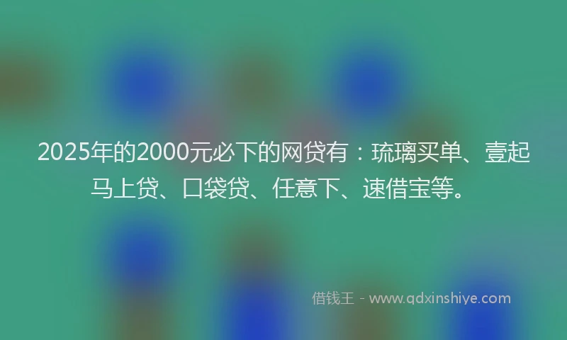 2025年的2000元必下的网贷有：琉璃买单、壹起马上贷、口袋贷、任意下、速借宝等。