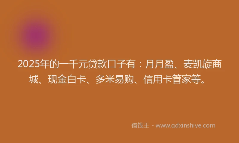 2025年的一千元贷款口子有：月月盈、麦凯旋商城、现金白卡、多米易购、信用卡管家等。