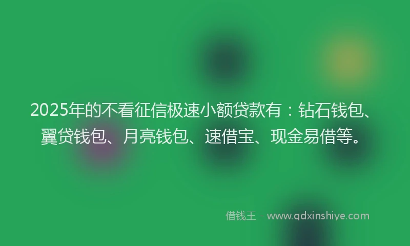 2025年的不看征信极速小额贷款有：钻石钱包、翼贷钱包、月亮钱包、速借宝、现金易借等。