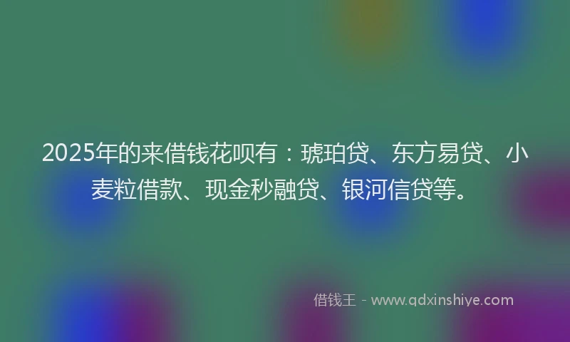 2025年的来借钱花呗有：琥珀贷、东方易贷、小麦粒借款、现金秒融贷、银河信贷等。
