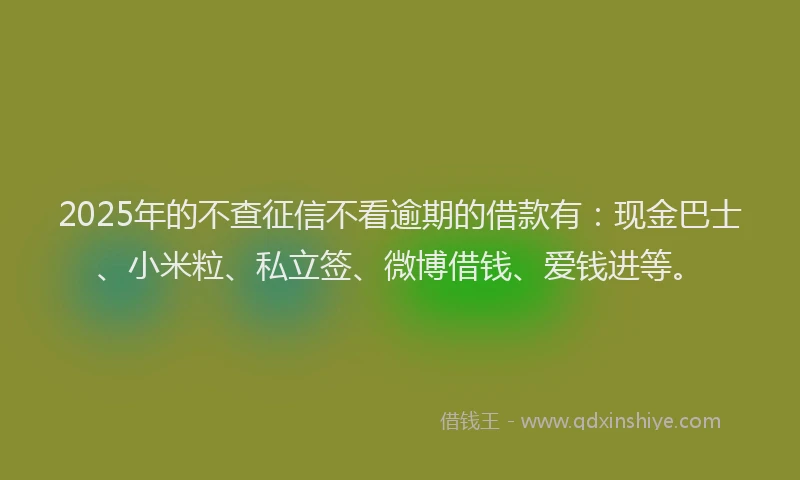 2025年的不查征信不看逾期的借款有：现金巴士、小米粒、私立签、微博借钱、爱钱进等。