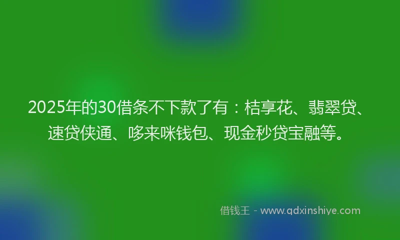 2025年的30借条不下款了有：桔享花、翡翠贷、速贷侠通、哆来咪钱包、现金秒贷宝融等。