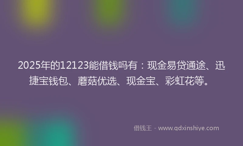 2025年的12123能借钱吗有：现金易贷通途、迅捷宝钱包、蘑菇优选、现金宝、彩虹花等。