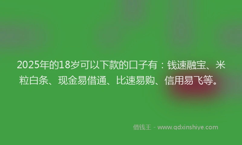 2025年的18岁可以下款的口子有：钱速融宝、米粒白条、现金易借通、比速易购、信用易飞等。