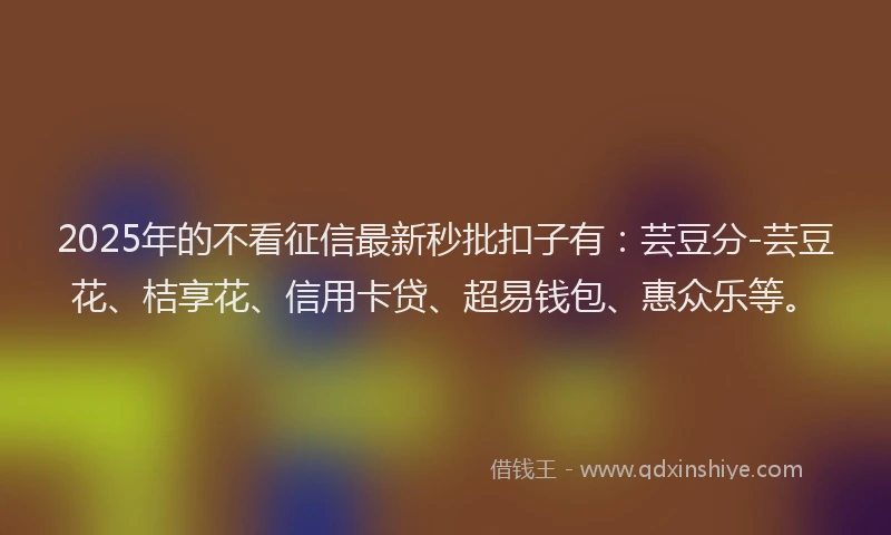 2025年的不看征信最新秒批扣子有：芸豆分-芸豆花、桔享花、信用卡贷、超易钱包、惠众乐等。