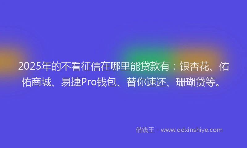 2025年的不看征信在哪里能贷款有：银杏花、佑佑商城、易捷Pro钱包、替你速还、珊瑚贷等。