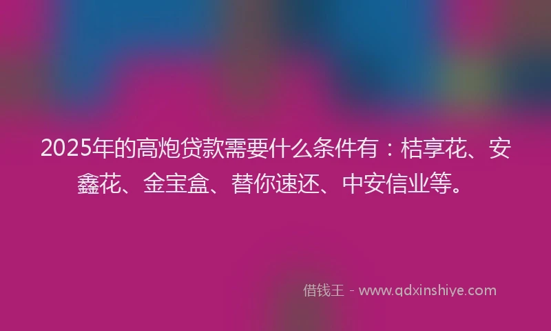 2025年的高炮贷款需要什么条件有：桔享花、安鑫花、金宝盒、替你速还、中安信业等。