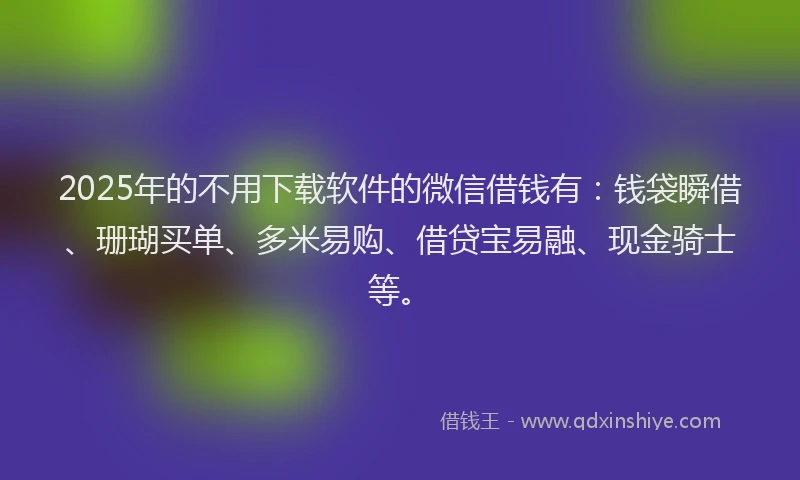 2025年的不用下载软件的微信借钱有：钱袋瞬借、珊瑚买单、多米易购、借贷宝易融、现金骑士等。