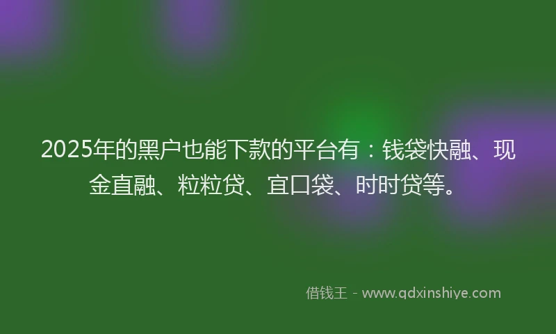 2025年的黑户也能下款的平台有：钱袋快融、现金直融、粒粒贷、宜口袋、时时贷等。