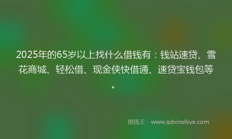 2025年的65岁以上找什么借钱有：钱站速贷、雪花商城、轻松借、现金侠快借通、速贷宝钱包等。