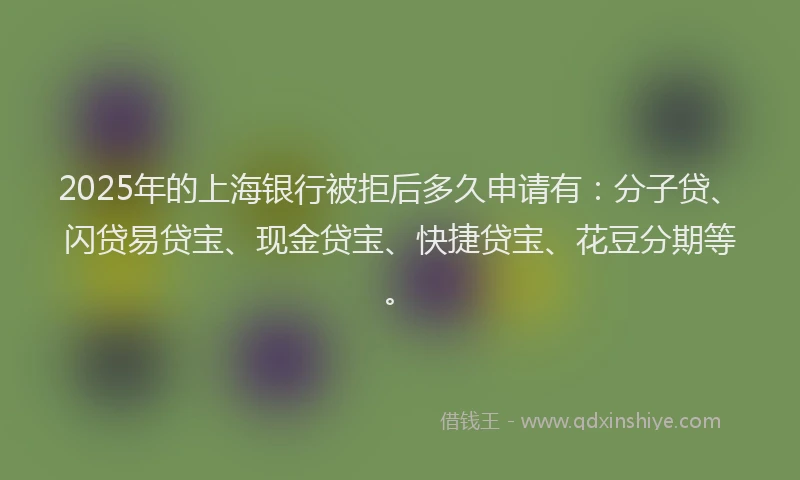 2025年的上海银行被拒后多久申请有：分子贷、闪贷易贷宝、现金贷宝、快捷贷宝、花豆分期等。