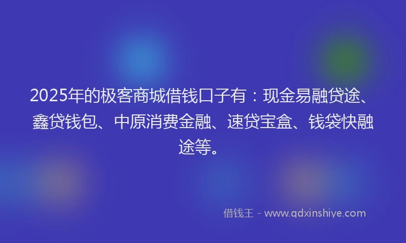 2025年的极客商城借钱口子有：现金易融贷途、鑫贷钱包、中原消费金融、速贷宝盒、钱袋快融途等。