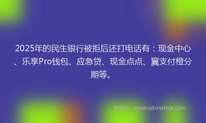 2025年的民生银行被拒后还打电话有：现金中心、乐享Pro钱包、应急贷、现金点点、翼支付橙分期等。