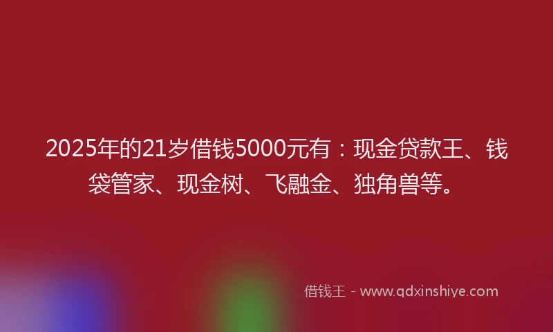 2025年的21岁借钱5000元有：现金贷款王、钱袋管家、现金树、飞融金、独角兽等。