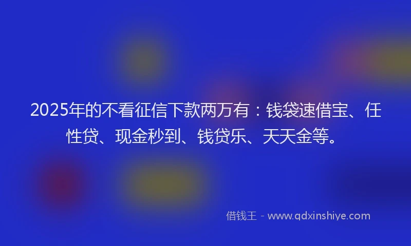 2025年的不看征信下款两万有：钱袋速借宝、任性贷、现金秒到、钱贷乐、天天金等。