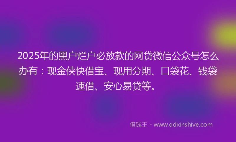2025年的黑户烂户必放款的网贷微信公众号怎么办有：现金侠快借宝、现用分期、口袋花、钱袋速借、安心易贷等。