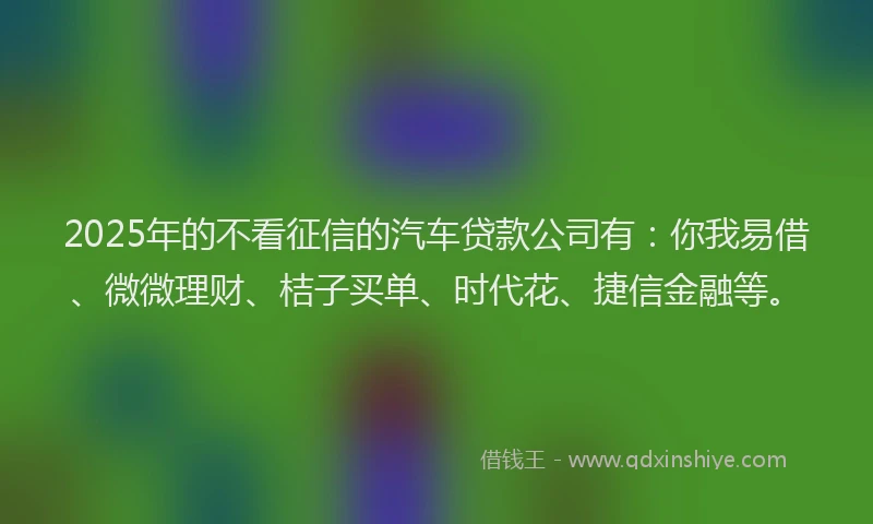 2025年的不看征信的汽车贷款公司有：你我易借、微微理财、桔子买单、时代花、捷信金融等。