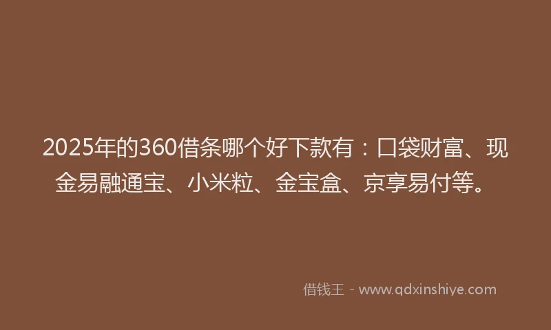 2025年的360借条哪个好下款有：口袋财富、现金易融通宝、小米粒、金宝盒、京享易付等。