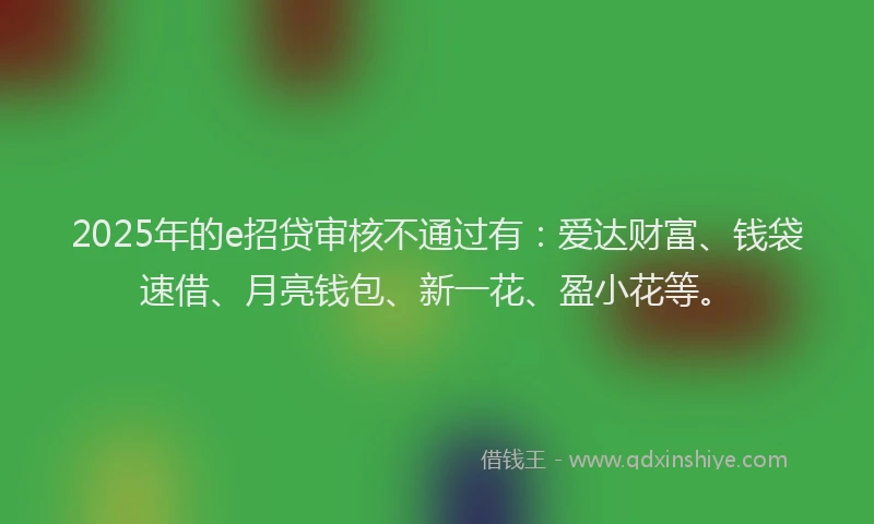 2025年的e招贷审核不通过有：爱达财富、钱袋速借、月亮钱包、新一花、盈小花等。