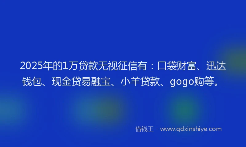 2025年的1万贷款无视征信有：口袋财富、迅达钱包、现金贷易融宝、小羊贷款、gogo购等。