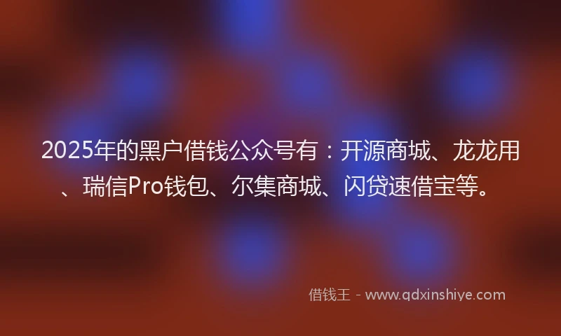 2025年的黑户借钱公众号有：开源商城、龙龙用、瑞信Pro钱包、尔集商城、闪贷速借宝等。
