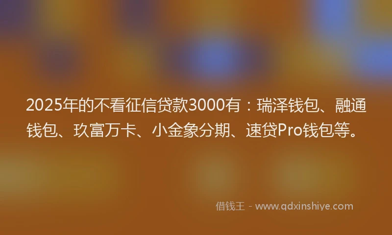 2025年的不看征信贷款3000有：瑞泽钱包、融通钱包、玖富万卡、小金象分期、速贷Pro钱包等。