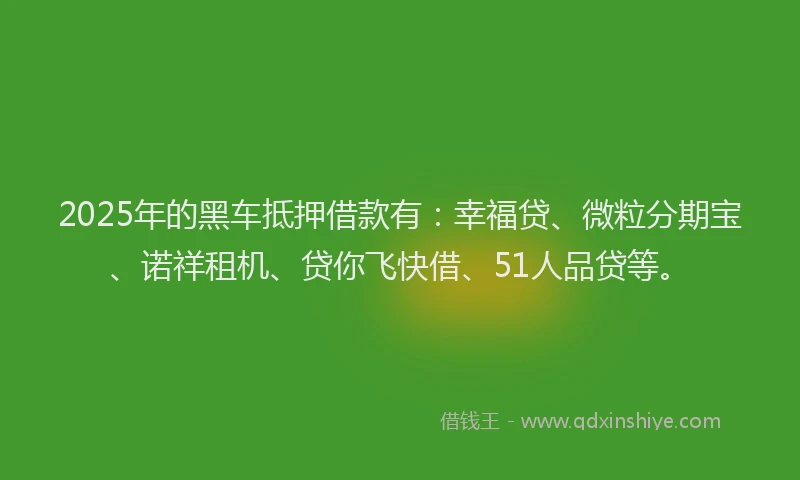 2025年的黑车抵押借款有：幸福贷、微粒分期宝、诺祥租机、贷你飞快借、51人品贷等。