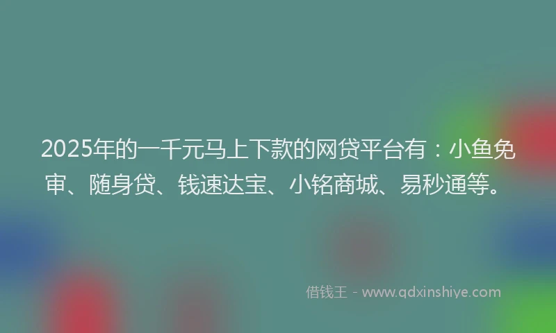 2025年的一千元马上下款的网贷平台有：小鱼免审、随身贷、钱速达宝、小铭商城、易秒通等。