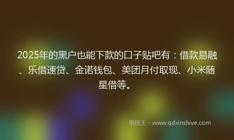 2025年的黑户也能下款的口子贴吧有：借款易融、乐借速贷、金诺钱包、美团月付取现、小米随星借等。