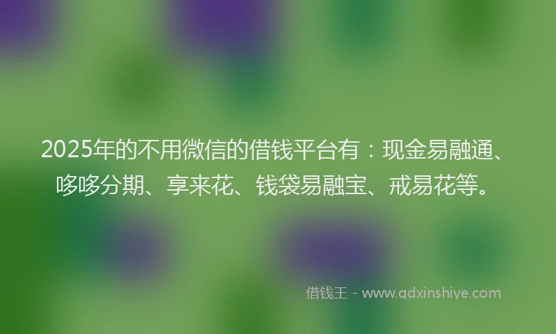 2025年的不用微信的借钱平台有：现金易融通、哆哆分期、享来花、钱袋易融宝、戒易花等。