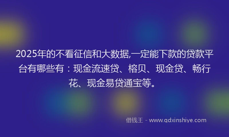 2025年的不看征信和大数据,一定能下款的贷款平台有哪些有：现金流速贷、榕贝、现金贷、畅行花、现金易贷通宝等。