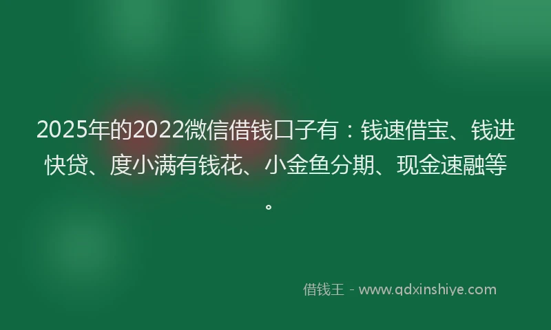 2025年的2022微信借钱口子有：钱速借宝、钱进快贷、度小满有钱花、小金鱼分期、现金速融等。