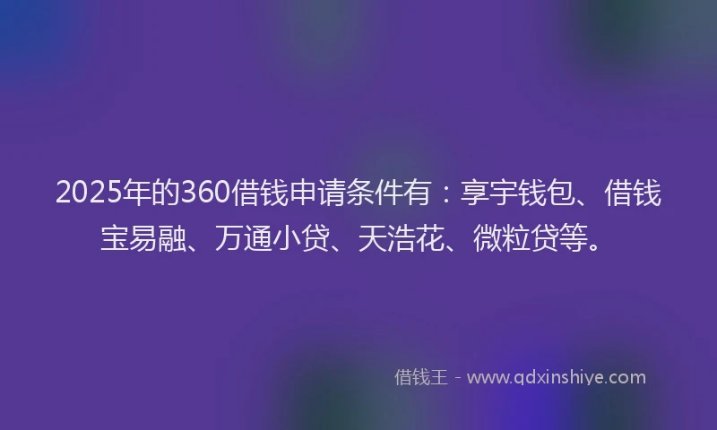 2025年的360借钱申请条件有：享宇钱包、借钱宝易融、万通小贷、天浩花、微粒贷等。