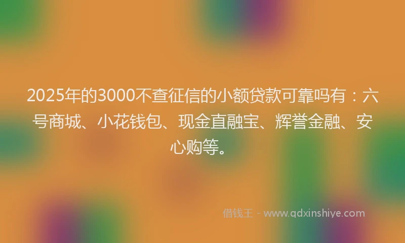 2025年的3000不查征信的小额贷款可靠吗有：六号商城、小花钱包、现金直融宝、辉誉金融、安心购等。