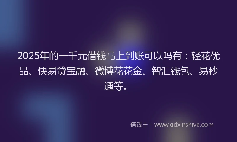 2025年的一千元借钱马上到账可以吗有：轻花优品、快易贷宝融、微博花花金、智汇钱包、易秒通等。