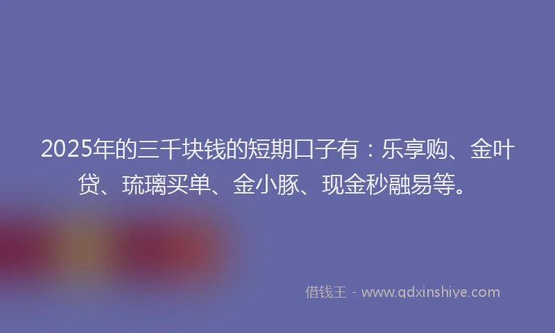 2025年的三千块钱的短期口子有：乐享购、金叶贷、琉璃买单、金小豚、现金秒融易等。