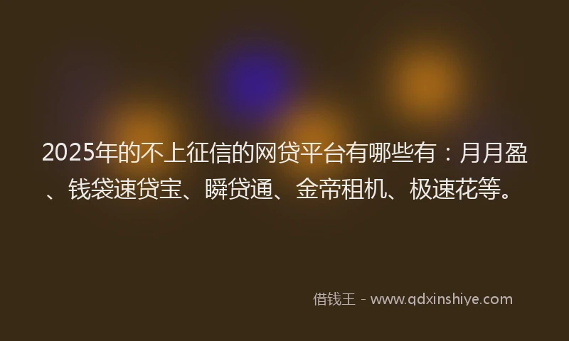 2025年的不上征信的网贷平台有哪些有：月月盈、钱袋速贷宝、瞬贷通、金帝租机、极速花等。