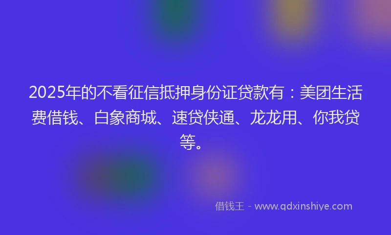 2025年的不看征信抵押身份证贷款有：美团生活费借钱、白象商城、速贷侠通、龙龙用、你我贷等。