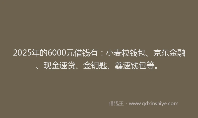 2025年的6000元借钱有：小麦粒钱包、京东金融、现金速贷、金钥匙、鑫速钱包等。