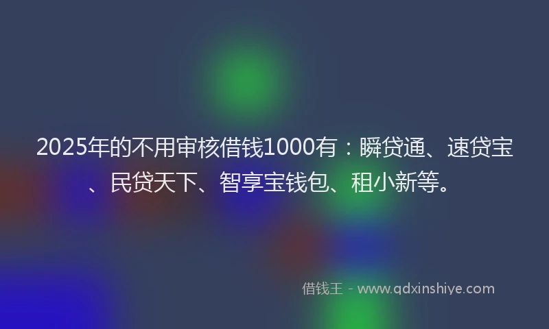 2025年的不用审核借钱1000有:瞬贷通、速贷宝、民贷天下、智享宝钱包、租小新等。