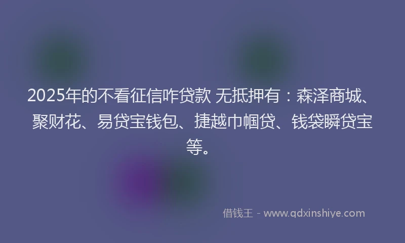 2025年的不看征信咋贷款 无抵押有：森泽商城、聚财花、易贷宝钱包、捷越巾帼贷、钱袋瞬贷宝等。