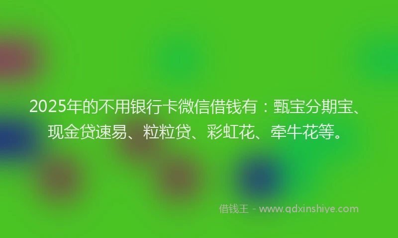 2025年的不用银行卡微信借钱有：甄宝分期宝、现金贷速易、粒粒贷、彩虹花、牵牛花等。