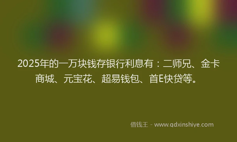 2025年的一万块钱存银行利息有：二师兄、金卡商城、元宝花、超易钱包、首E快贷等。