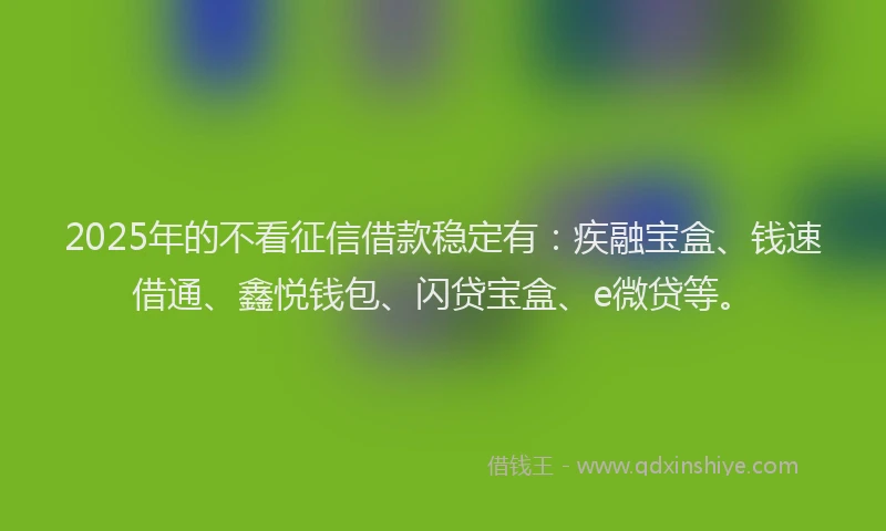 2025年的不看征信借款稳定有：疾融宝盒、钱速借通、鑫悦钱包、闪贷宝盒、e微贷等。