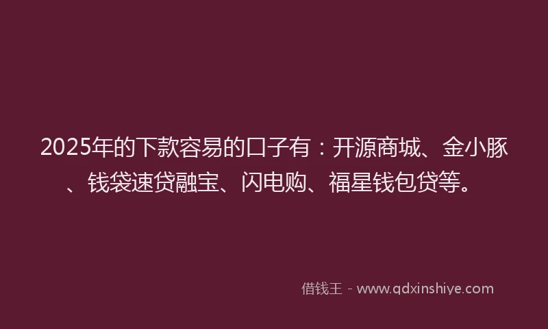 2025年的下款容易的口子有：开源商城、金小豚、钱袋速贷融宝、闪电购、福星钱包贷等。