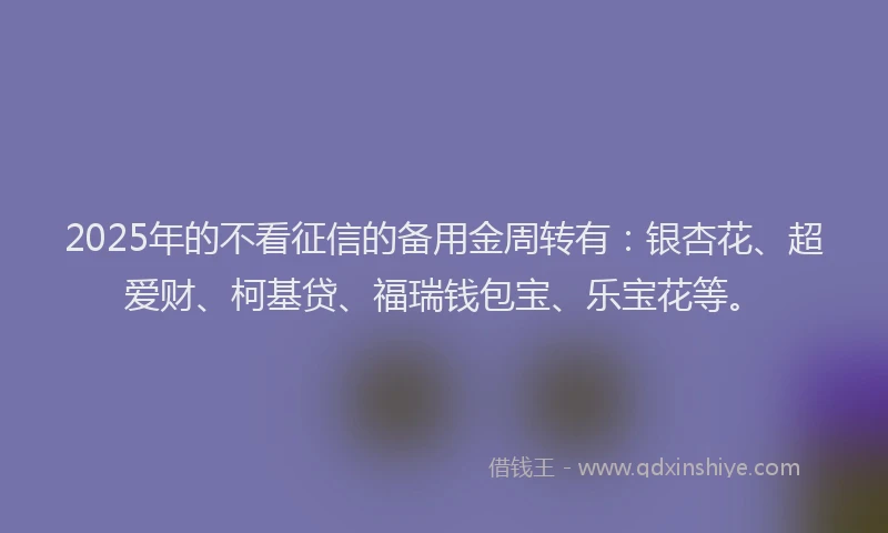 2025年的不看征信的备用金周转有：银杏花、超爱财、柯基贷、福瑞钱包宝、乐宝花等。