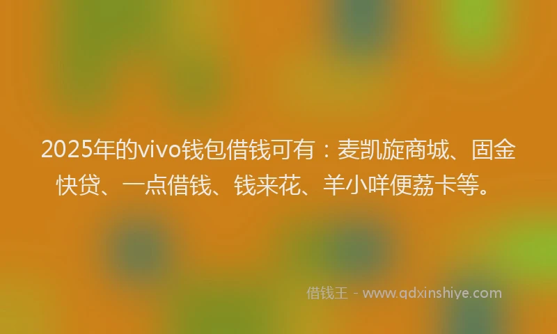2025年的vivo钱包借钱可有：麦凯旋商城、固金快贷、一点借钱、钱来花、羊小咩便荔卡等。